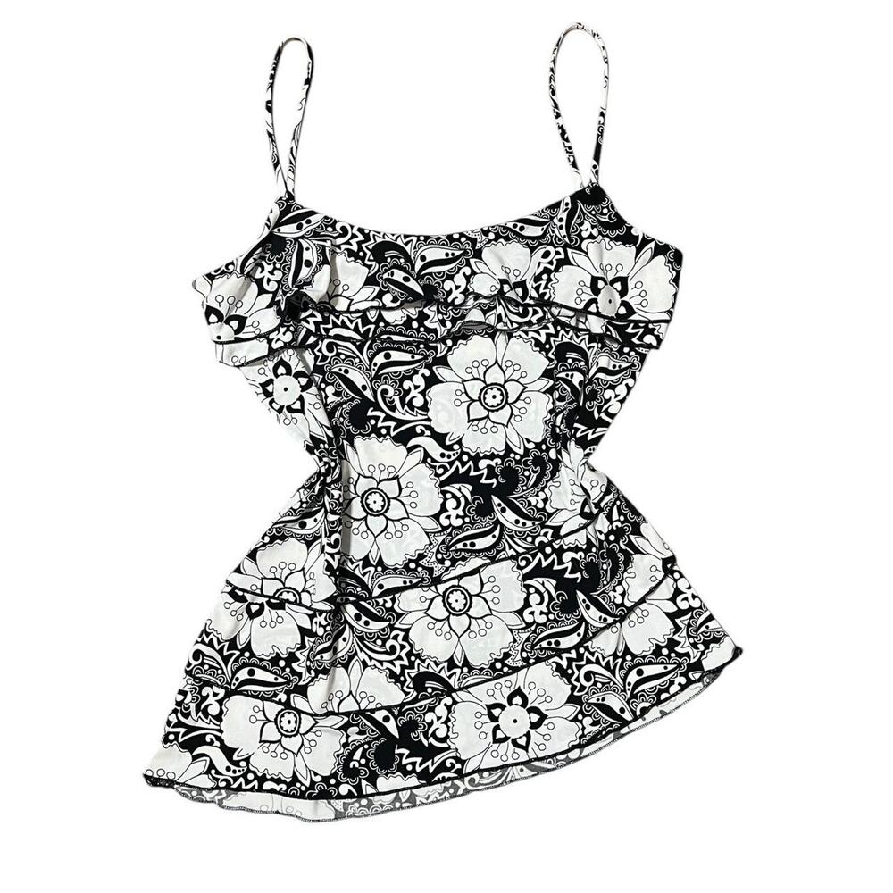 VTG Y2K A Byer White & Black Floral Ruffle Layered Asymmetrical Hem Cami Top M/S